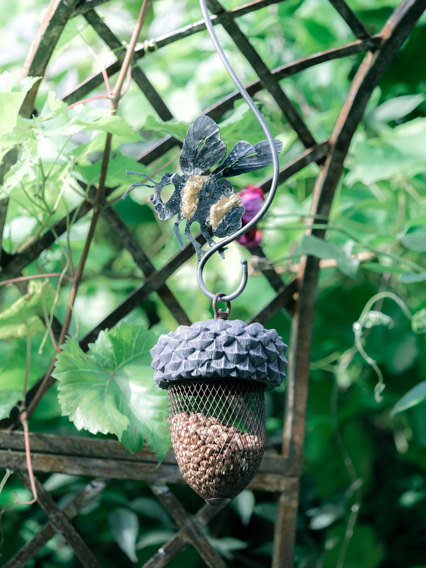 Hand Forged Bee S Hook with Acorn Bird Feeder