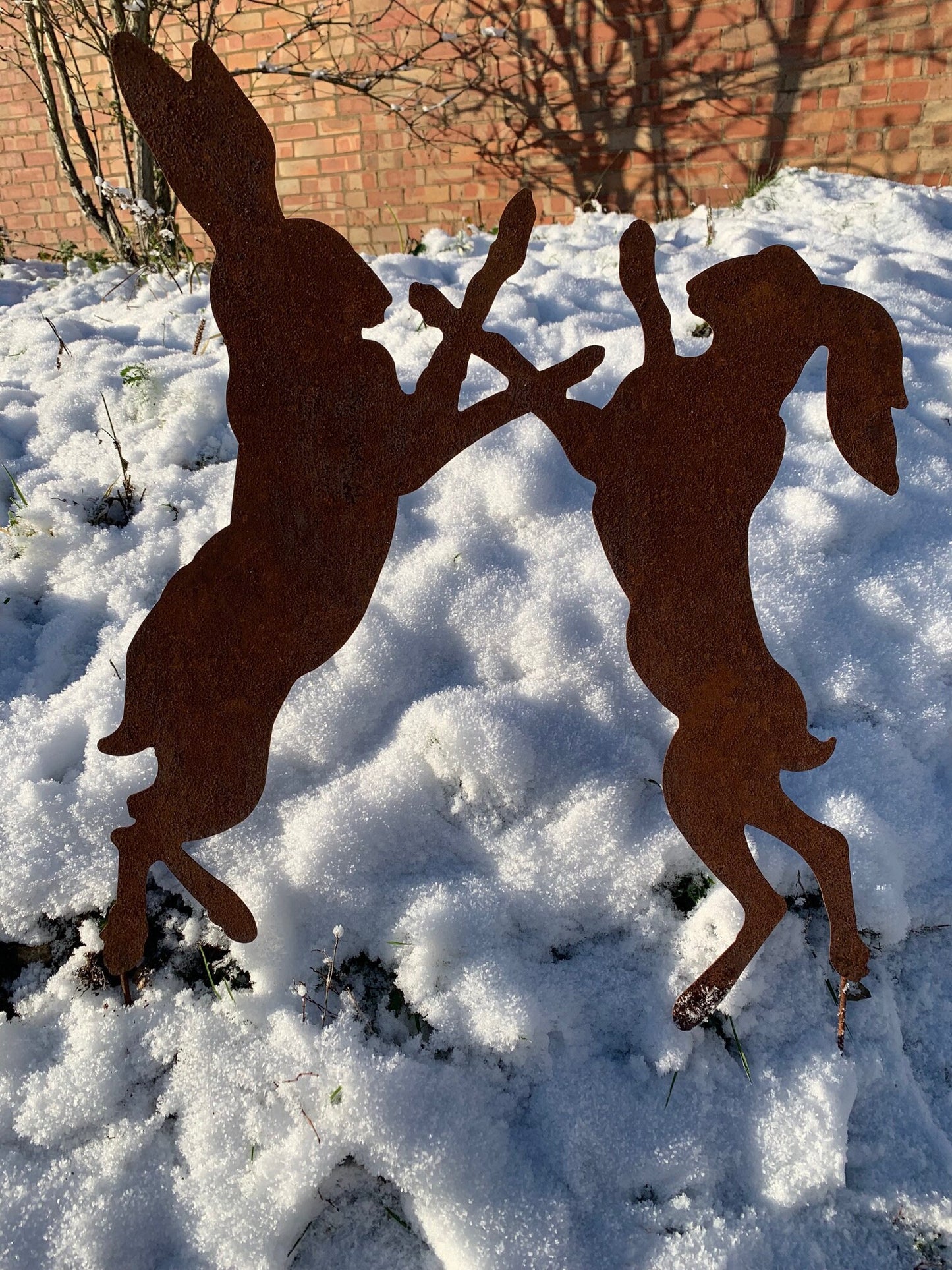 Boxing Hares Silhouette in Oxidised Sheet Steel, Fighting Hares