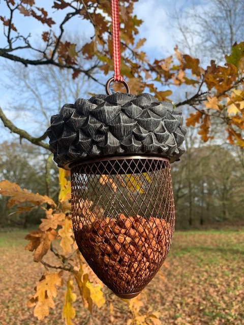 Acorn Bird Feeder with Red Gingham Ribbon for Hanging
