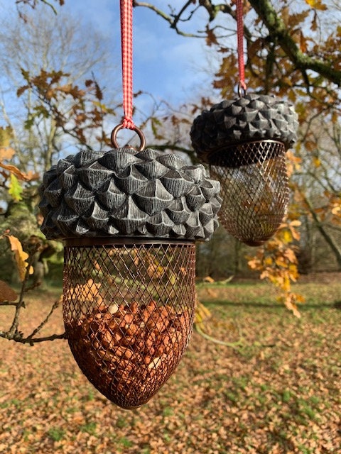Acorn Bird Feeder with Red Gingham Ribbon for Hanging