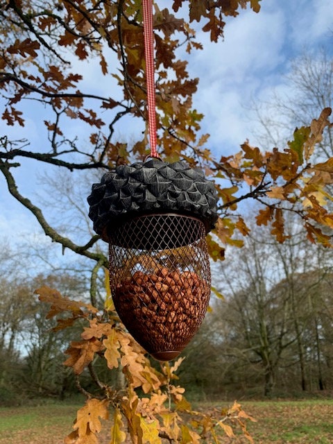Acorn Bird Feeder with Red Gingham Ribbon for Hanging