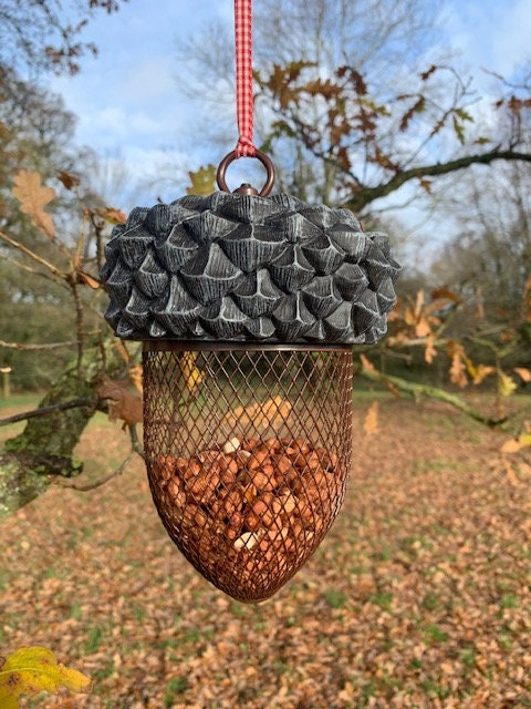 Acorn Bird Feeder with Red Gingham Ribbon for Hanging